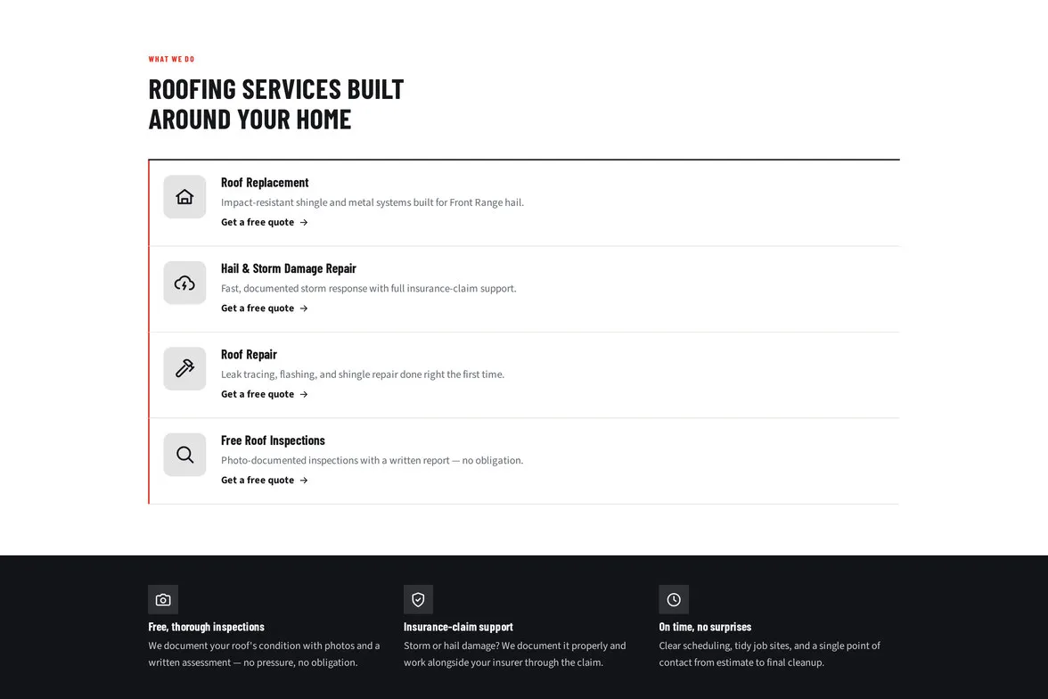 Ironclad Roofing website preview, Bold Industrial design — services section